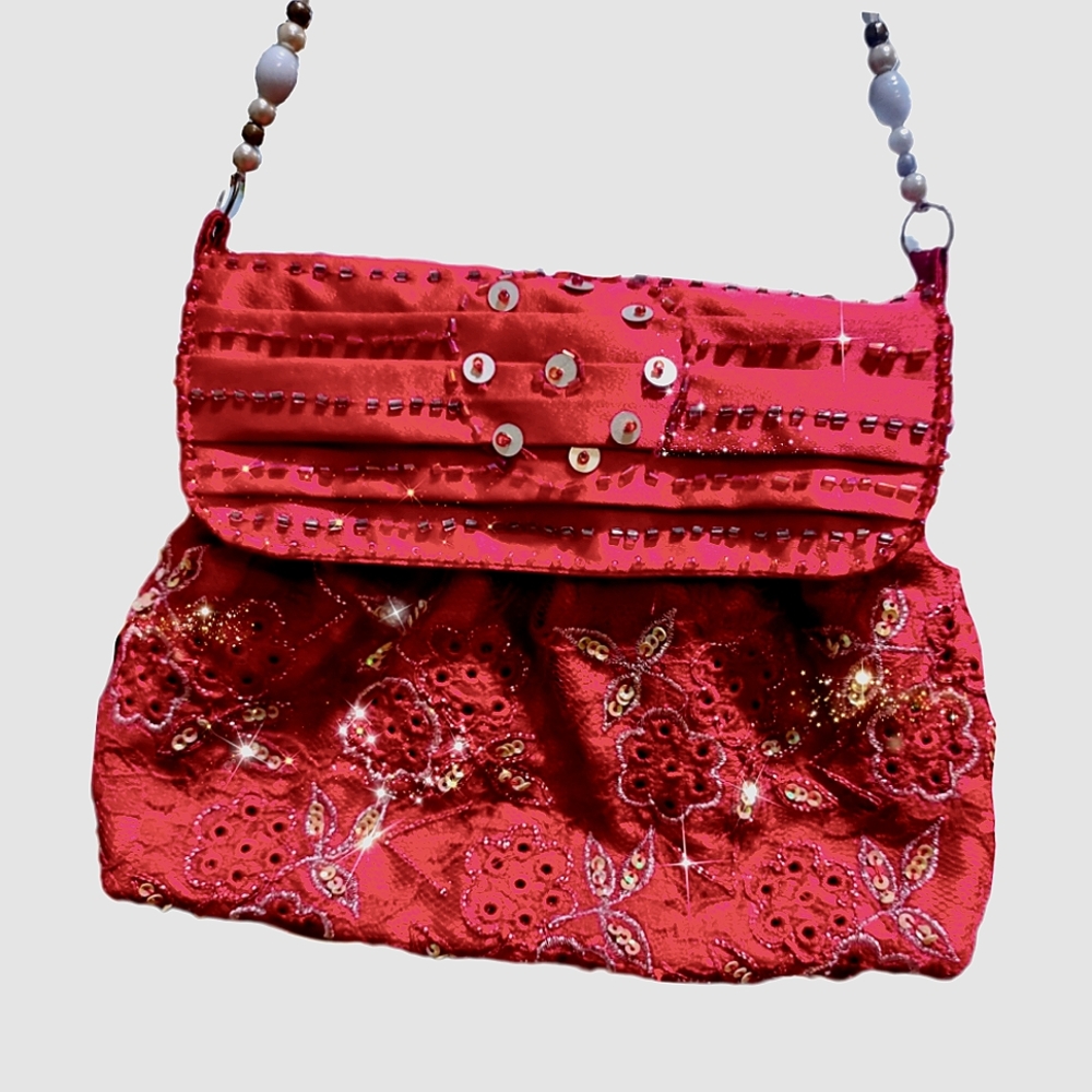 World Finds Beaded Red Satin Handbag Handmade